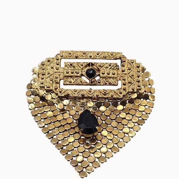VTG Brooch Heart Art Deco Style Gothic Glam Stmt Teardrop Shape Gold Tone Pin - Picture 2 of 11